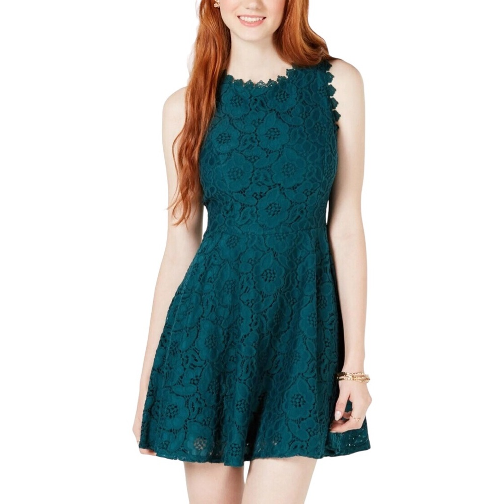 City Studios Juniors' Lace Fit and Flare Dress, Green lace overlay size 9